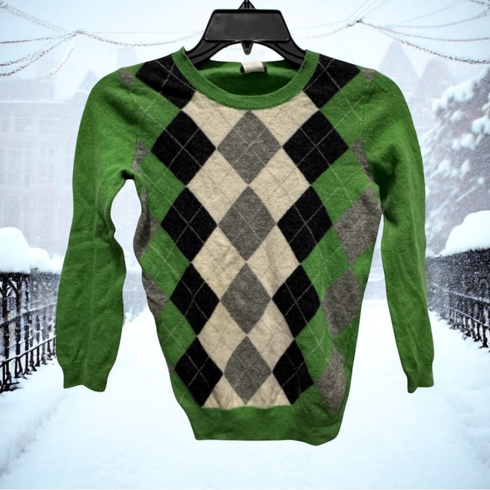 J. Crew Green Argyle Crewneck Sweater wool/cashmere blend size XS